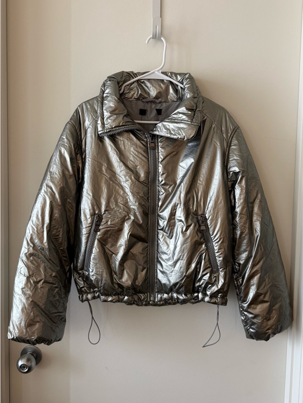 Metallic Silver Puffer Jacket - Women's Lightweight Coat